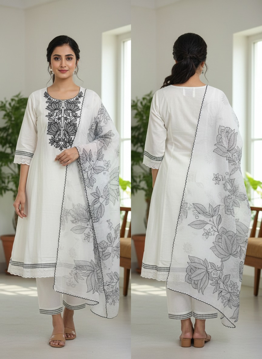 Women Ethnic A-Line Kurta with pant and mulmul cotton dupatta. - Image 1